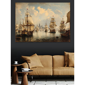 Yelkenlilerle Dolu Deniz Manzarası Dekoratif Kanvas - Mdf Ahşap Tablo 70x100 cm
