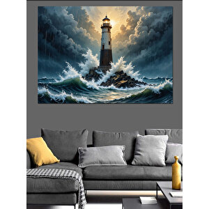 Fırtınada Yalnız Deniz Feneri Dekoratif Kanvas - Mdf Ahşap Tablo 50x70 cm