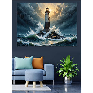 Fırtınada Yalnız Deniz Feneri Dekoratif Kanvas - Mdf Ahşap Tablo 50x70 cm