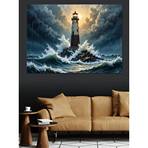 Fırtınada Yalnız Deniz Feneri Dekoratif Kanvas - Mdf Ahşap Tablo 35x50 cm