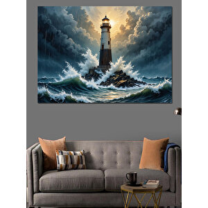 Fırtınada Yalnız Deniz Feneri Dekoratif Kanvas - Mdf Ahşap Tablo