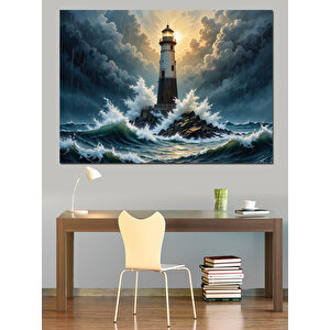 Fırtınada Yalnız Deniz Feneri Dekoratif Kanvas - Mdf Ahşap Tablo