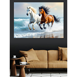 Denizde Koşan Atlar Dekoratif Kanvas - Mdf Ahşap Tablo 70x100 cm