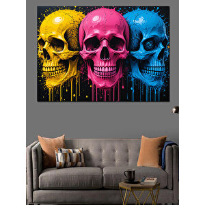 Renkli Kafatasları Çizimi Dekoratif Kanvas - Mdf Ahşap Tablo 100x140 cm