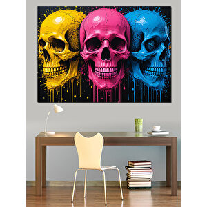 Renkli Kafatasları Çizimi Dekoratif Kanvas - Mdf Ahşap Tablo 100x140 cm