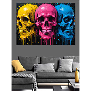 Renkli Kafatasları Çizimi Dekoratif Kanvas - Mdf Ahşap Tablo 100x140 cm