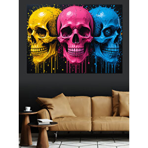 Renkli Kafatasları Çizimi Dekoratif Kanvas - Mdf Ahşap Tablo