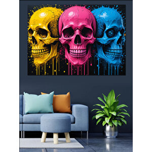 Renkli Kafatasları Çizimi Dekoratif Kanvas - Mdf Ahşap Tablo