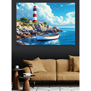 Deniz Feneri Ve Mavi Deniz Dekoratif Kanvas - Mdf Ahşap Tablo 70x100 cm
