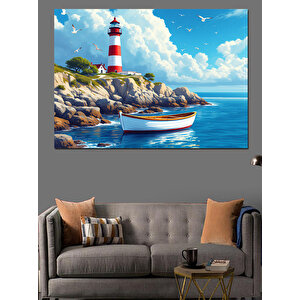 Deniz Feneri Ve Mavi Deniz Dekoratif Kanvas - Mdf Ahşap Tablo 70x100 cm