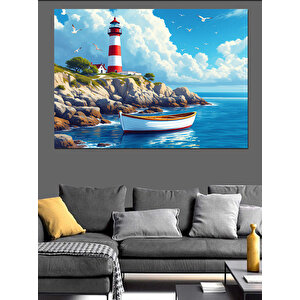Deniz Feneri Ve Mavi Deniz Dekoratif Kanvas - Mdf Ahşap Tablo