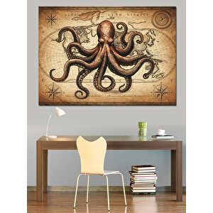 Vintage Ahtapot Antik Çizim Dekoratif Kanvas - Mdf Ahşap Tablo 70x100 cm