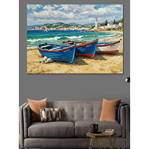 Deniz Kenarında Renkli Kayıklar Dekoratif Kanvas - Mdf Ahşap Tablo