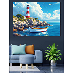Deniz Feneri Ve Mavi Deniz Dekoratif Kanvas - Mdf Ahşap Tablo 50x70 cm