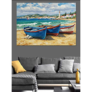 Deniz Kenarında Renkli Kayıklar Dekoratif Kanvas - Mdf Ahşap Tablo 100x140 cm