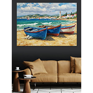 Deniz Kenarında Renkli Kayıklar Dekoratif Kanvas - Mdf Ahşap Tablo 100x140 cm