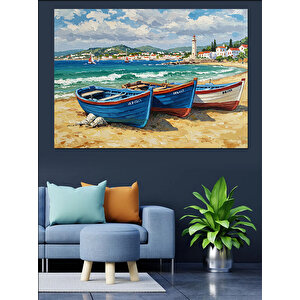 Deniz Kenarında Renkli Kayıklar Dekoratif Kanvas - Mdf Ahşap Tablo 100x140 cm