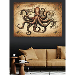 Vintage Ahtapot Antik Çizim Dekoratif Kanvas - Mdf Ahşap Tablo 25x35 cm