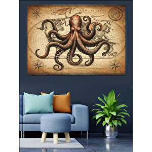 Vintage Ahtapot Antik Çizim Dekoratif Kanvas - Mdf Ahşap Tablo