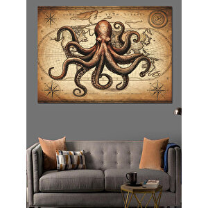 Vintage Ahtapot Antik Çizim Dekoratif Kanvas - Mdf Ahşap Tablo