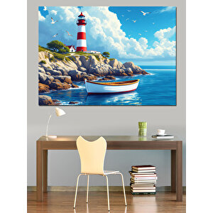 Deniz Feneri Ve Mavi Deniz Dekoratif Kanvas - Mdf Ahşap Tablo