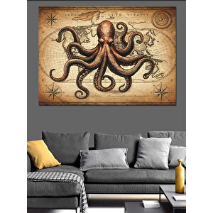 Vintage Ahtapot Antik Çizim Dekoratif Kanvas - Mdf Ahşap Tablo 50x70 cm