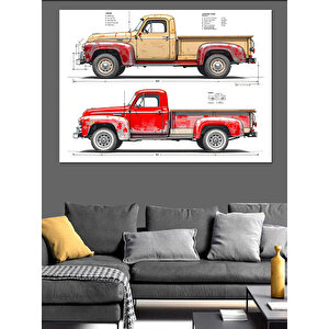 Kırmızı Eski Kamyonet Çizimi Dekoratif Kanvas - Mdf Ahşap Tablo 100x140 cm