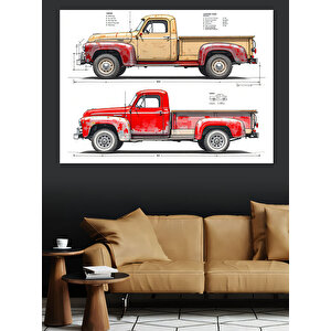 Kırmızı Eski Kamyonet Çizimi Dekoratif Kanvas - Mdf Ahşap Tablo 100x140 cm