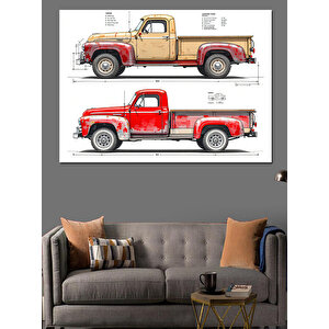 Kırmızı Eski Kamyonet Çizimi Dekoratif Kanvas - Mdf Ahşap Tablo