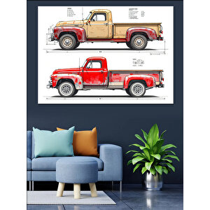 Kırmızı Eski Kamyonet Çizimi Dekoratif Kanvas - Mdf Ahşap Tablo 25x35 cm