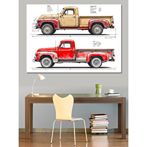 Kırmızı Eski Kamyonet Çizimi Dekoratif Kanvas - Mdf Ahşap Tablo