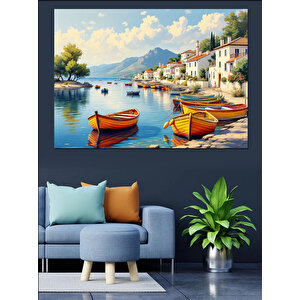 Renkli Kayıklar Ve Deniz Kıyısı Dekoratif Kanvas - Mdf Ahşap Tablo 70x100 cm