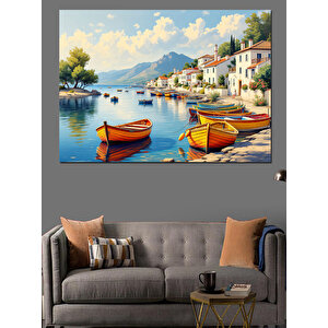 Renkli Kayıklar Ve Deniz Kıyısı Dekoratif Kanvas - Mdf Ahşap Tablo 70x100 cm