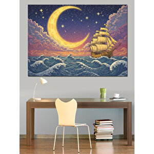 Deniz Üstünde Ay Manzarası Dekoratif Kanvas - Mdf Ahşap Tablo 70x100 cm