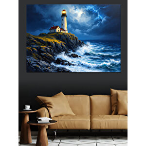 Fırtınada Yalnız Deniz Feneri Dekoratif Kanvas - Mdf Ahşap Tablo 25x35 cm