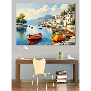 Renkli Kayıklar Ve Deniz Kıyısı Dekoratif Kanvas - Mdf Ahşap Tablo 50x70 cm