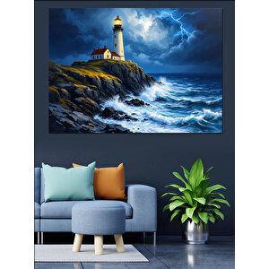 Fırtınada Yalnız Deniz Feneri Dekoratif Kanvas - Mdf Ahşap Tablo 70x100 cm