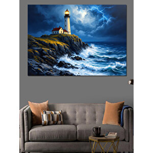 Fırtınada Yalnız Deniz Feneri Dekoratif Kanvas - Mdf Ahşap Tablo 70x100 cm