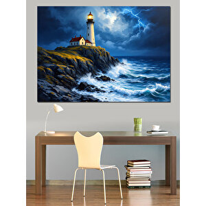 Fırtınada Yalnız Deniz Feneri Dekoratif Kanvas - Mdf Ahşap Tablo