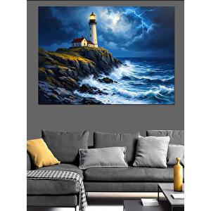 Fırtınada Yalnız Deniz Feneri Dekoratif Kanvas - Mdf Ahşap Tablo