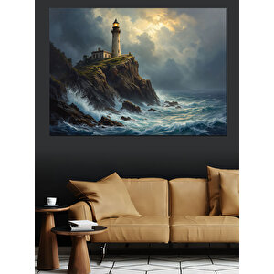 Fırtınalı Deniz Fener Manzarası Dekoratif Kanvas - Mdf Ahşap Tablo 50x70 cm