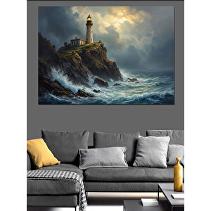 Fırtınalı Deniz Fener Manzarası Dekoratif Kanvas - Mdf Ahşap Tablo