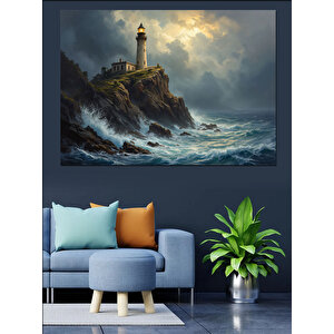 Fırtınalı Deniz Fener Manzarası Dekoratif Kanvas - Mdf Ahşap Tablo 25x35 cm