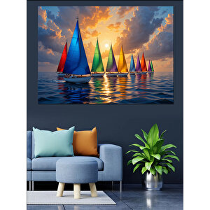 Denizde Renkli Yelkenliler Dekoratif Kanvas - Mdf Ahşap Tablo 50x70 cm