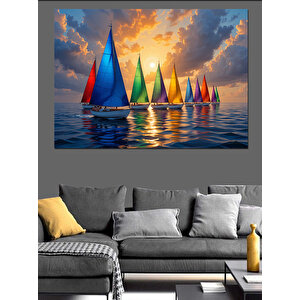 Denizde Renkli Yelkenliler Dekoratif Kanvas - Mdf Ahşap Tablo