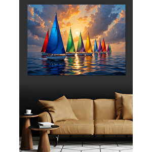 Denizde Renkli Yelkenliler Dekoratif Kanvas - Mdf Ahşap Tablo