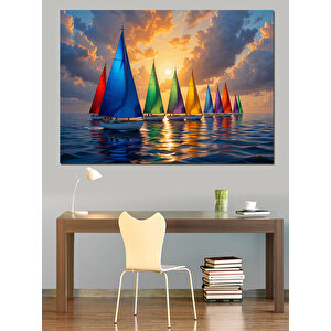 Denizde Renkli Yelkenliler Dekoratif Kanvas - Mdf Ahşap Tablo 100x140 cm