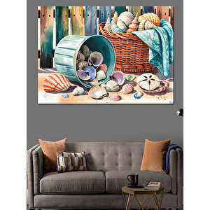 Deniz Kabukları Sepeti Dekoratif Kanvas - Mdf Ahşap Tablo
