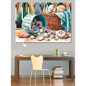 Deniz Kabukları Sepeti Dekoratif Kanvas - Mdf Ahşap Tablo