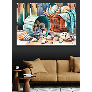 Deniz Kabukları Sepeti Dekoratif Kanvas - Mdf Ahşap Tablo 70x100 cm